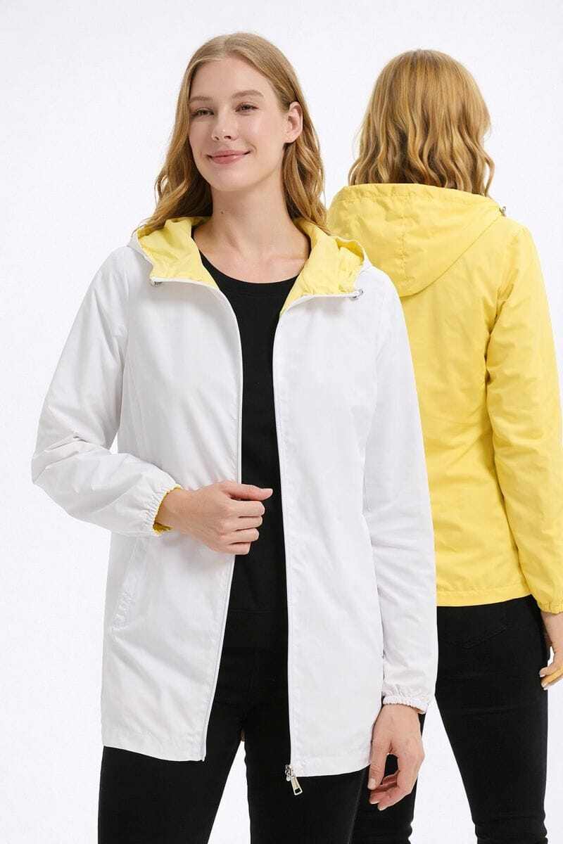 Mayorista CHEVERY - Chaqueta ligera reversible para mujer en blanco y amarillo con capucha