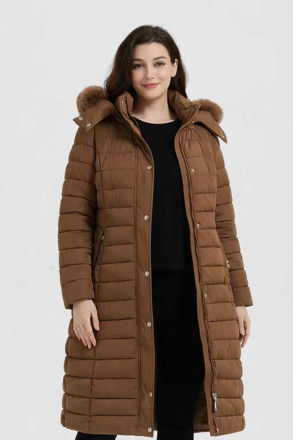Mayorista CHEVERY - Abrigo acolchado largo para mujer de talla grande con capucha de piel sintética