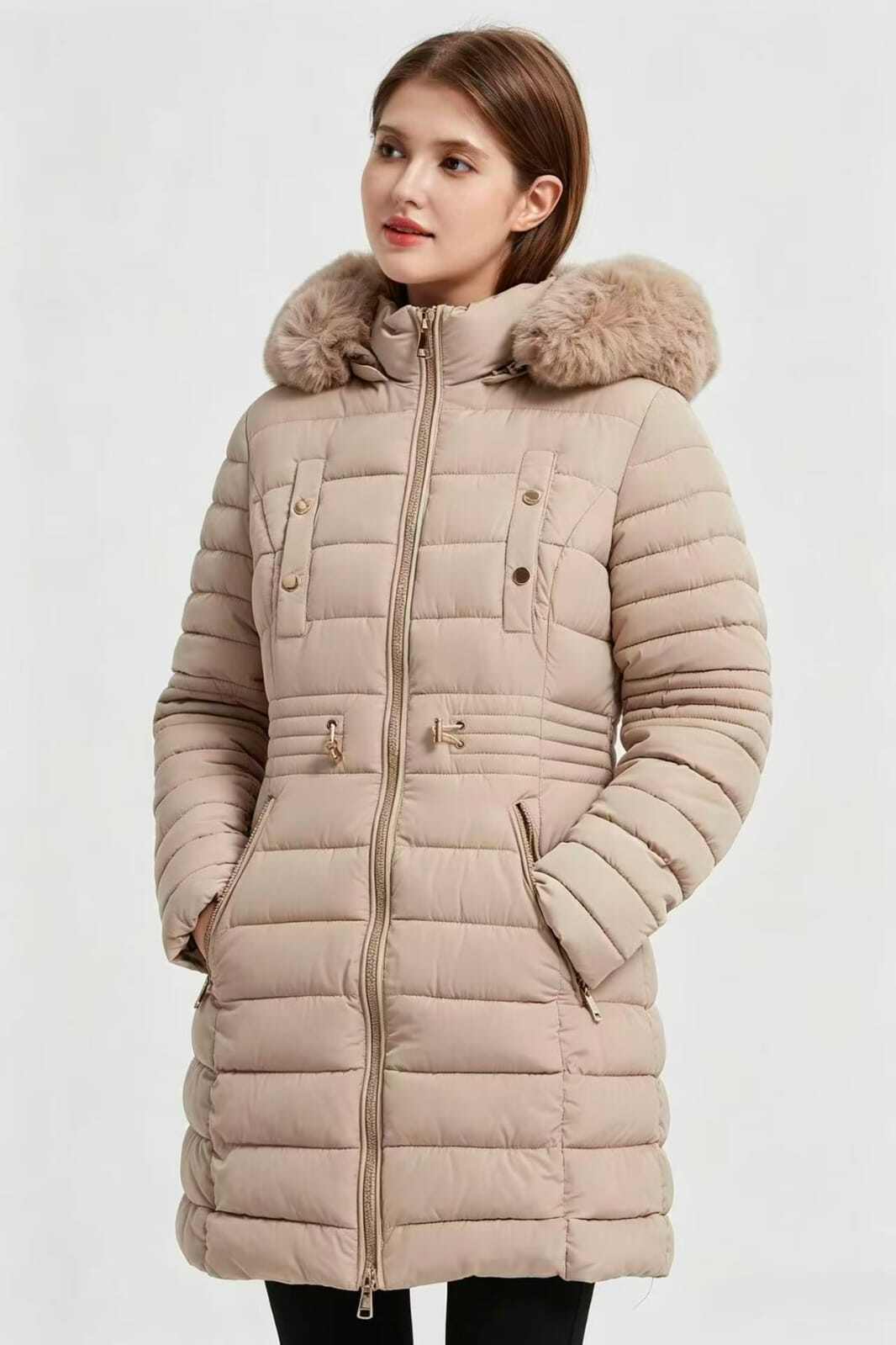Mayorista CHEVERY - Abrigo Largo Acolchado para Mujer – Con Capucha de Piel Sintética y Cintura Ajustable TALLA GRANDE