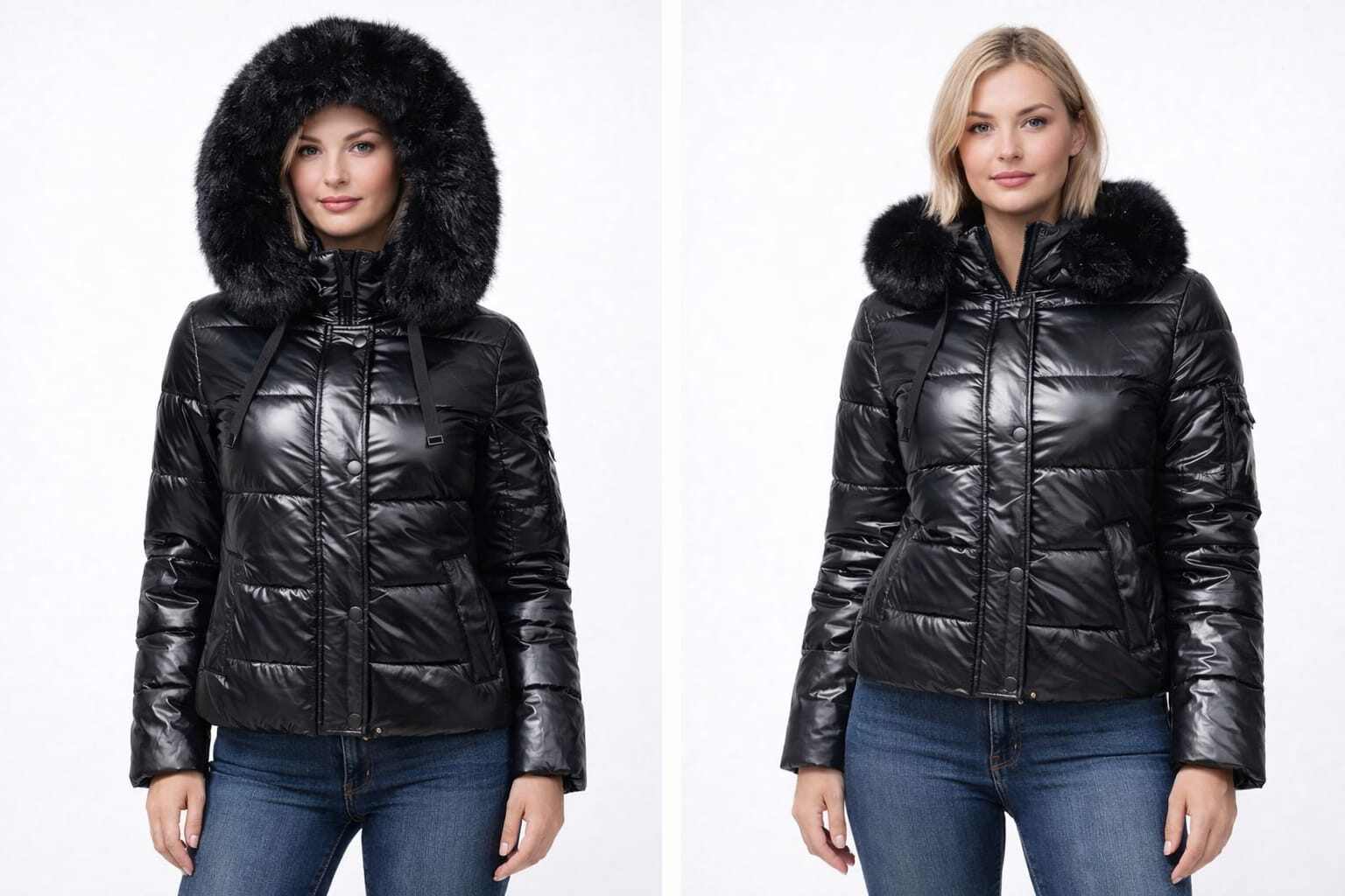 Mayorista CHEVERY - Chaqueta acolchada corta y brillante con capucha adornada con piel sintética