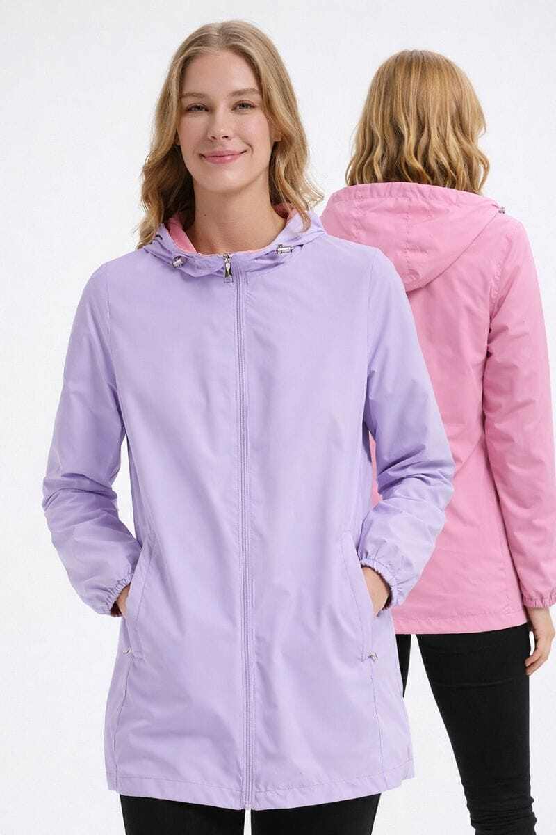 Mayorista CHEVERY - Chaqueta ligera reversible para mujer en lila y fucsia con capucha