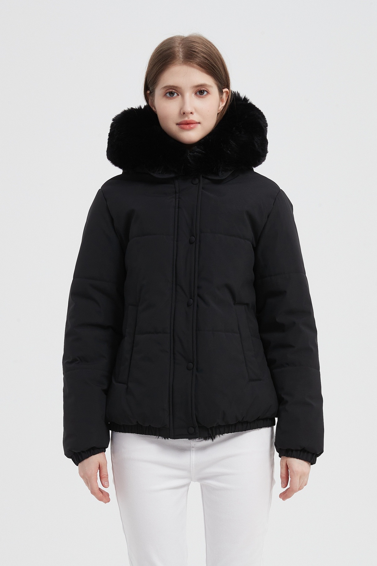 Mayorista CHEVERY - Chaqueta acolchada corta para mujer con capucha de piel sintética
