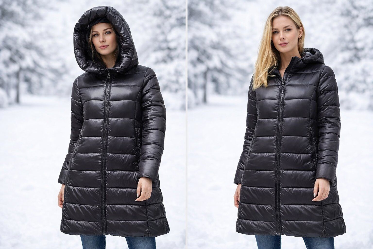 Wholesaler CHEVERY - Women's long shiny quilted puffer jacket with hood