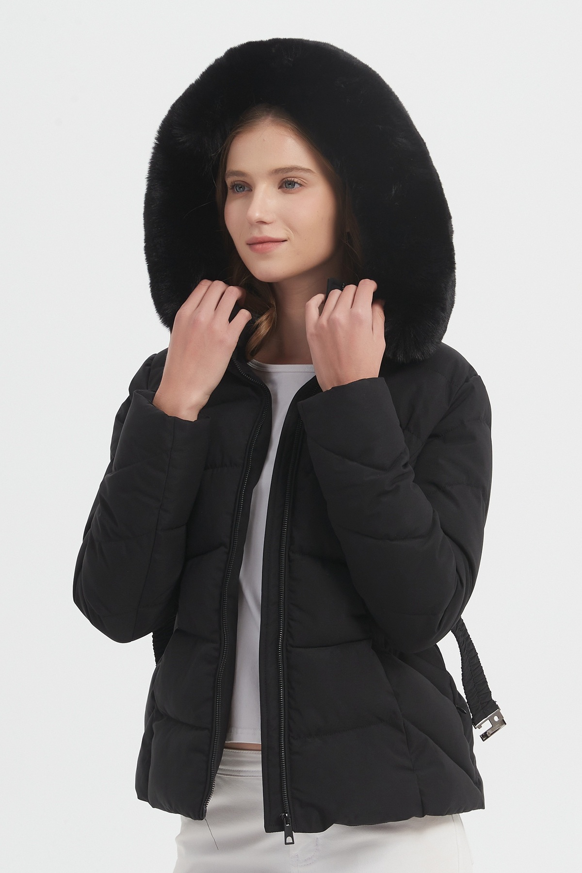 Mayorista CHEVERY - Chaqueta acolchada corta entallada para mujer con capucha de efecto piel