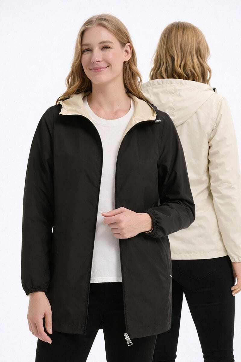 Mayorista CHEVERY - Chaqueta ligera reversible para mujer en negro y beige con capucha