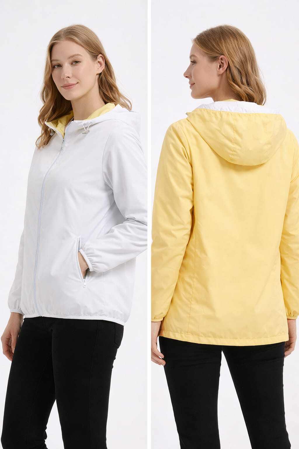 Mayorista CHEVERY - Chaqueta reversible de mujer blanca y amarilla con capucha