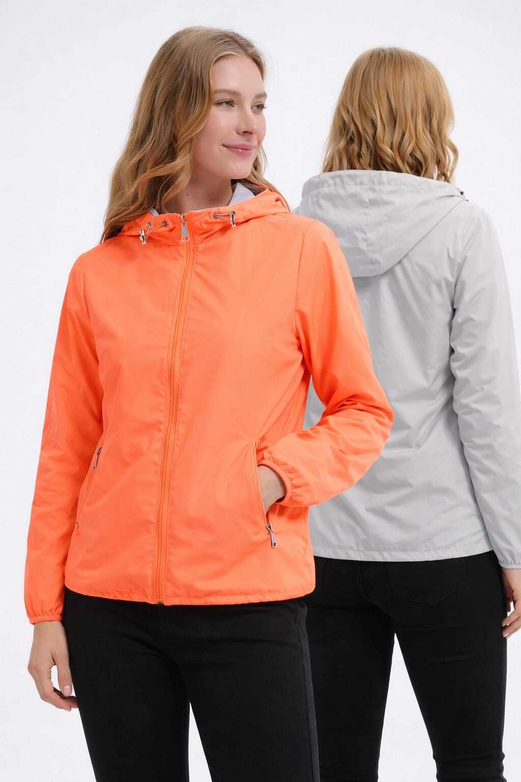 Mayorista CHEVERY - Chaqueta reversible para mujer en naranja y gris con capucha