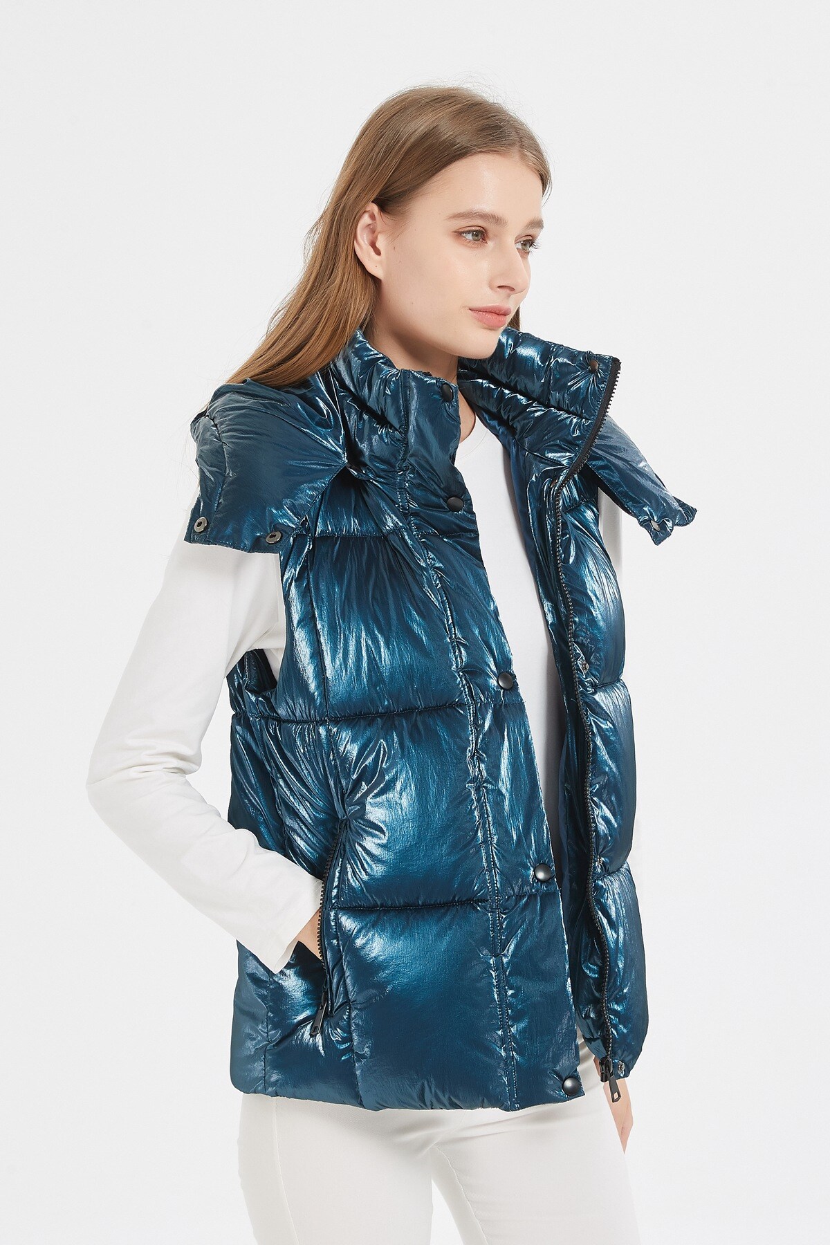 Grossista CHEVERY - Gilet imbottito lucido senza maniche con cappuccio rimovibile