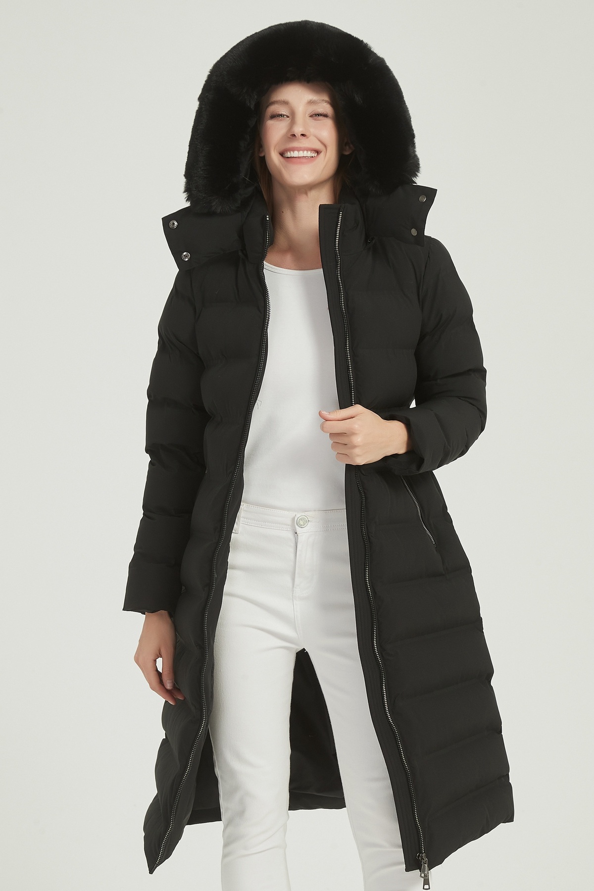 Mayorista CHEVERY - Abrigo acolchado largo para mujer con capucha y piel sintética