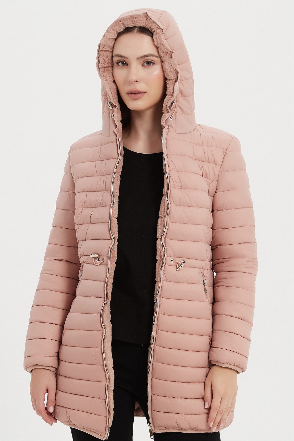 Mayorista CHEVERY - Chaqueta acolchada reversible rosa de mujer con capucha y forro efecto piel