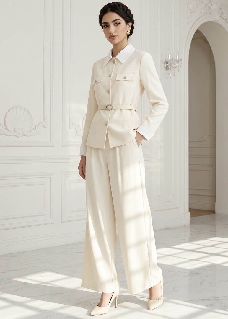 Wholesaler CHIC'ABAYA - Fitted Jacket and Wide Flowing Trousers Suit Set, Elegant White Collar Style, Ideal for Office or Occasion.