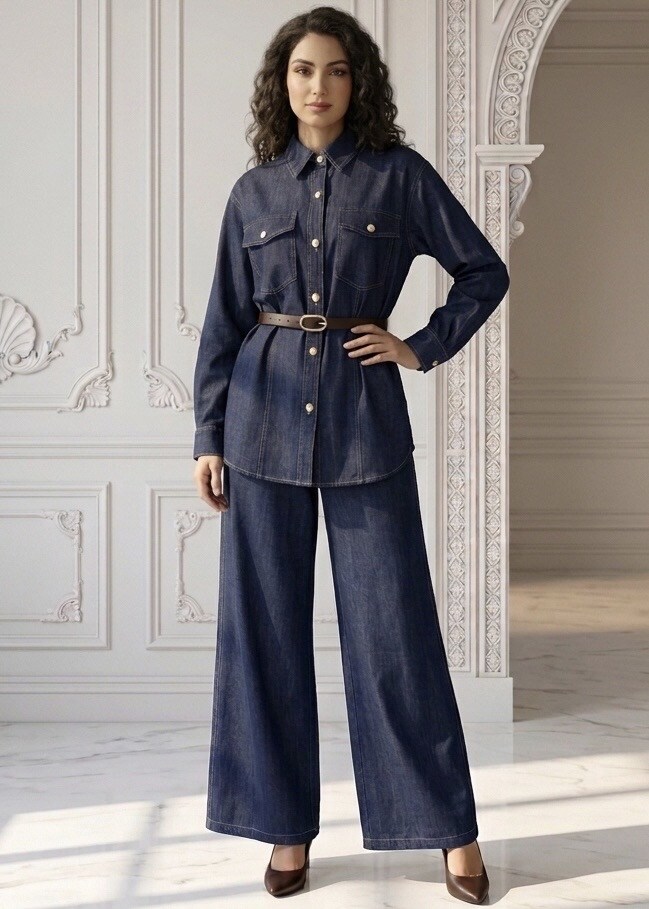 Wholesaler CHIC'ABAYA - Coordinated Set Fitted Belted Jacket and Flowing Wide Trousers Elegant Workwear Style