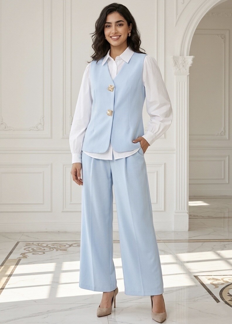 Grossista CHIC'ABAYA - Completo da donna, gilet senza maniche e pantaloni larghi e fluidi, elegante stile casual da lavoro dal taglio dritto