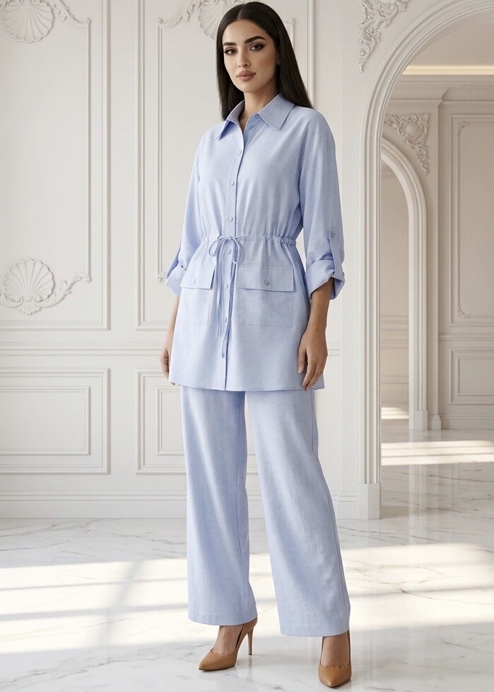 Mayorista CHIC'ABAYA - Conjunto minimalista de dos piezas: camisa con mangas + pantalón, estilo workwear, cintura ajustada para efecto adelgazante.