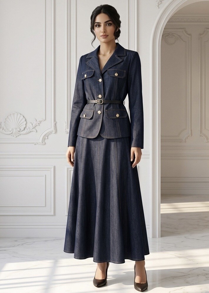 Grossista CHIC'ABAYA - Set giacca cargo con cintura e colletto sartoriale, gonna lunga a trapezio da donna, trama denim, impunture