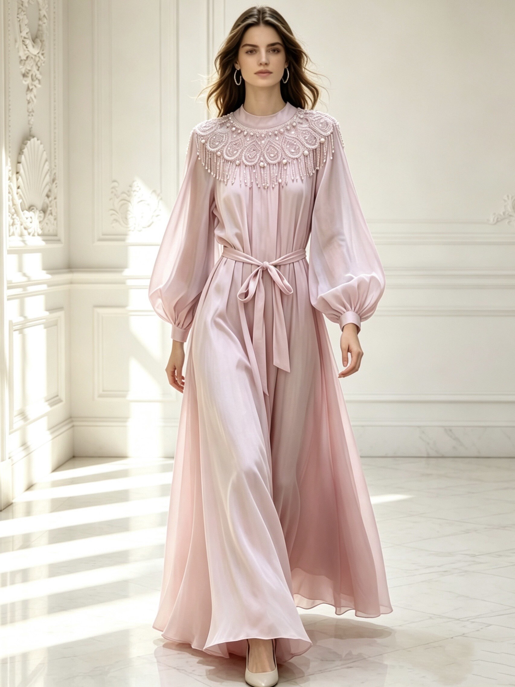 modern arabic dress Modern Arabic dress, puff sleeves, delicate beading, fitted waist, flowy  and elegant