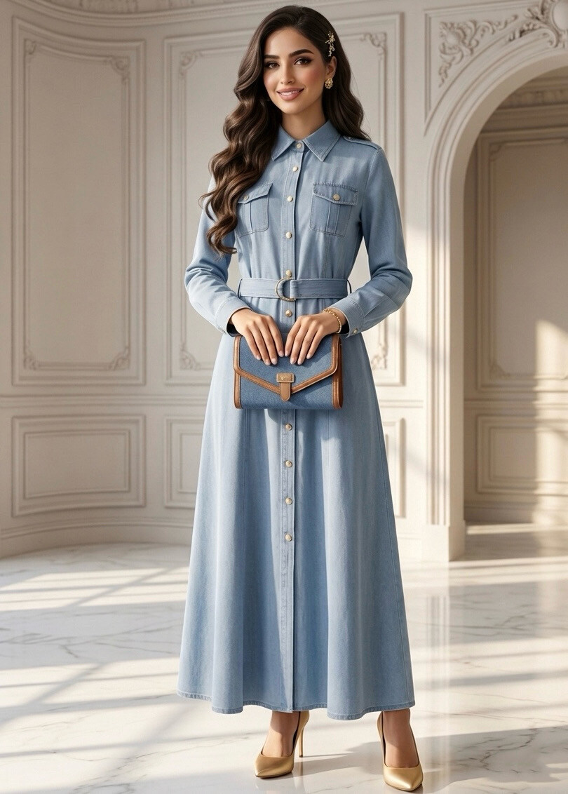 Mayorista CHIC'ABAYA - Vestido camisero largo vaquero de mujer, abotonado, con cinturón y manga larga