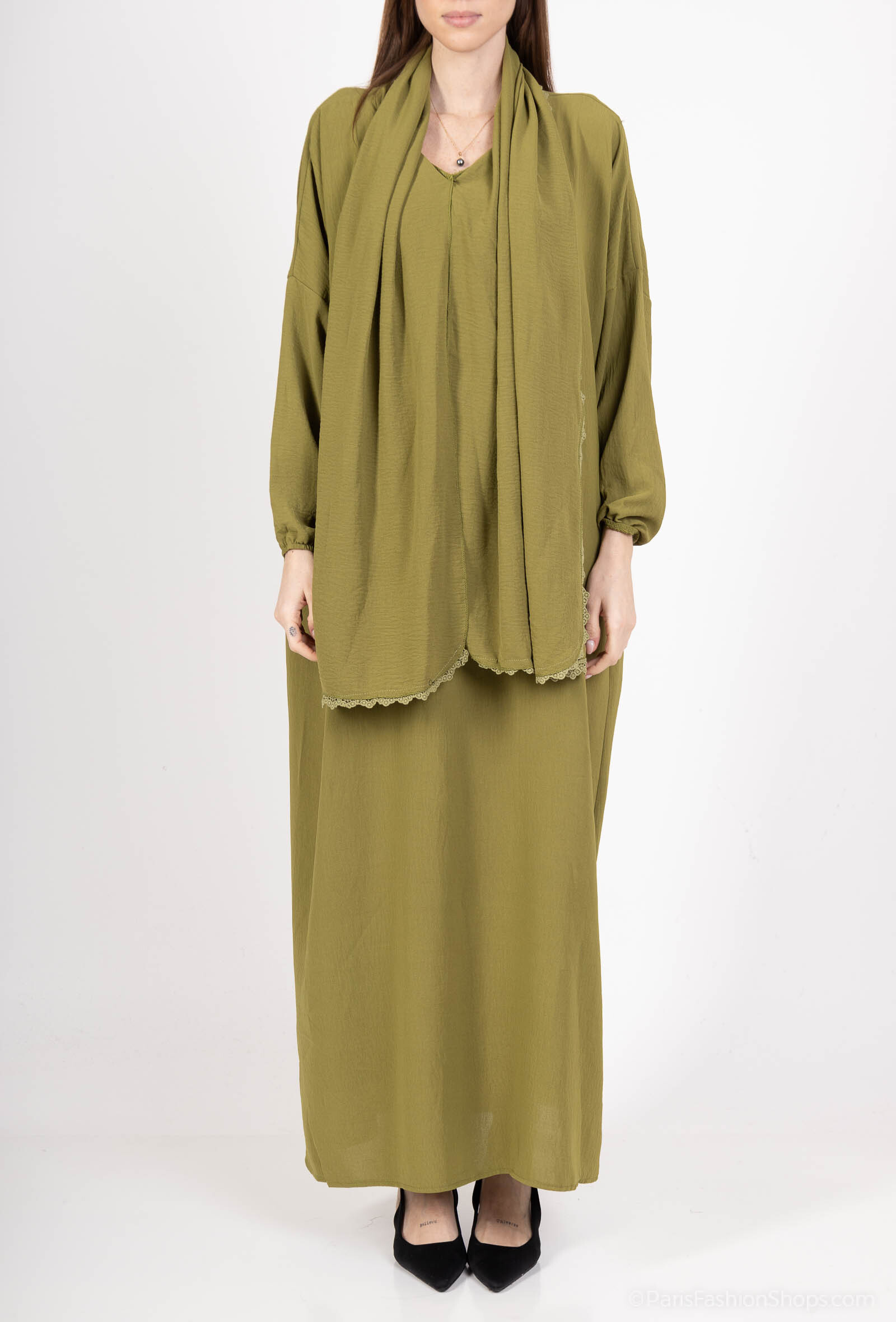 Grossiste CHIC COOL - Robe abaya foulard intégré avec dentelle tissu JAZZ