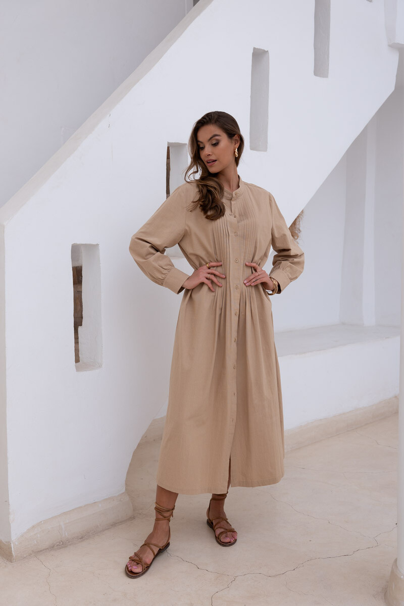 Großhändler Choklate - Lockeres, langes Kleid aus Baumwolle und Leinen