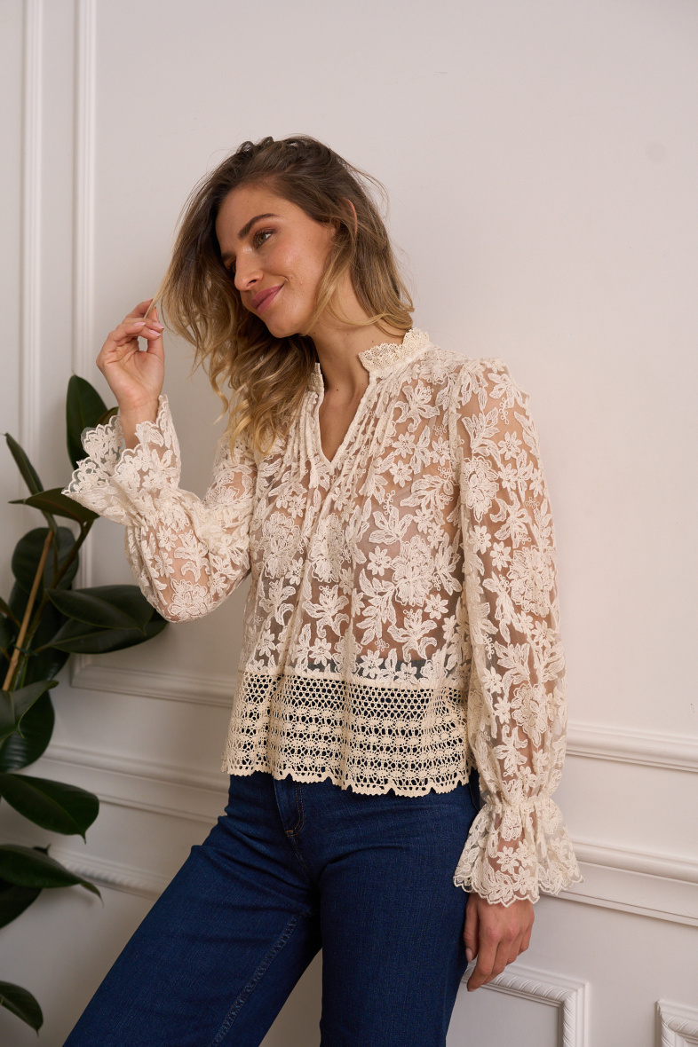 Mayorista Choklate - Blusa pre-otoño de encaje con cuello Peter Pan