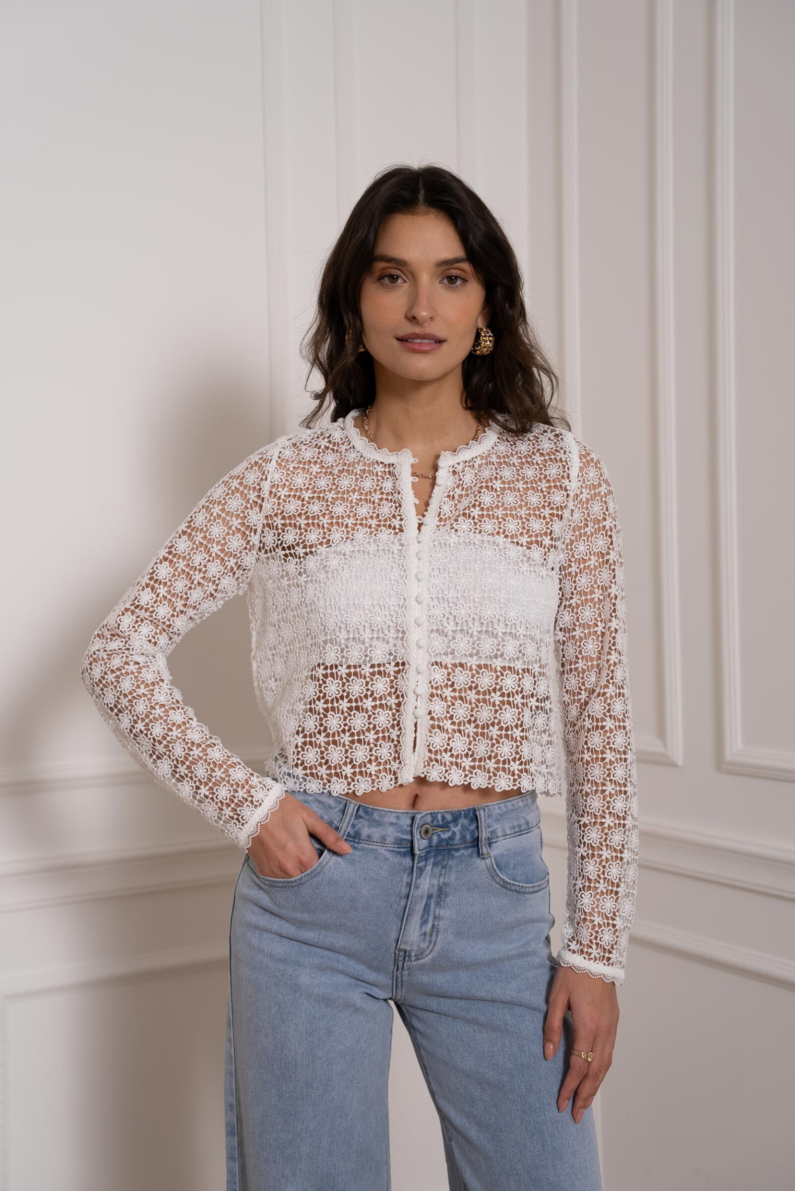 Mayorista Choklate - Blusa corta de guipur con botones