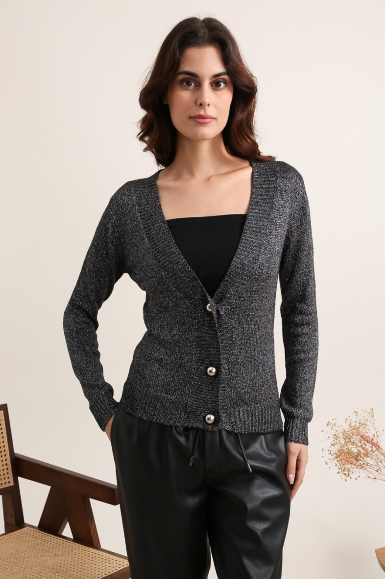 Großhändler Choklate - Metallic-Strickpullover mit V-Ausschnitt