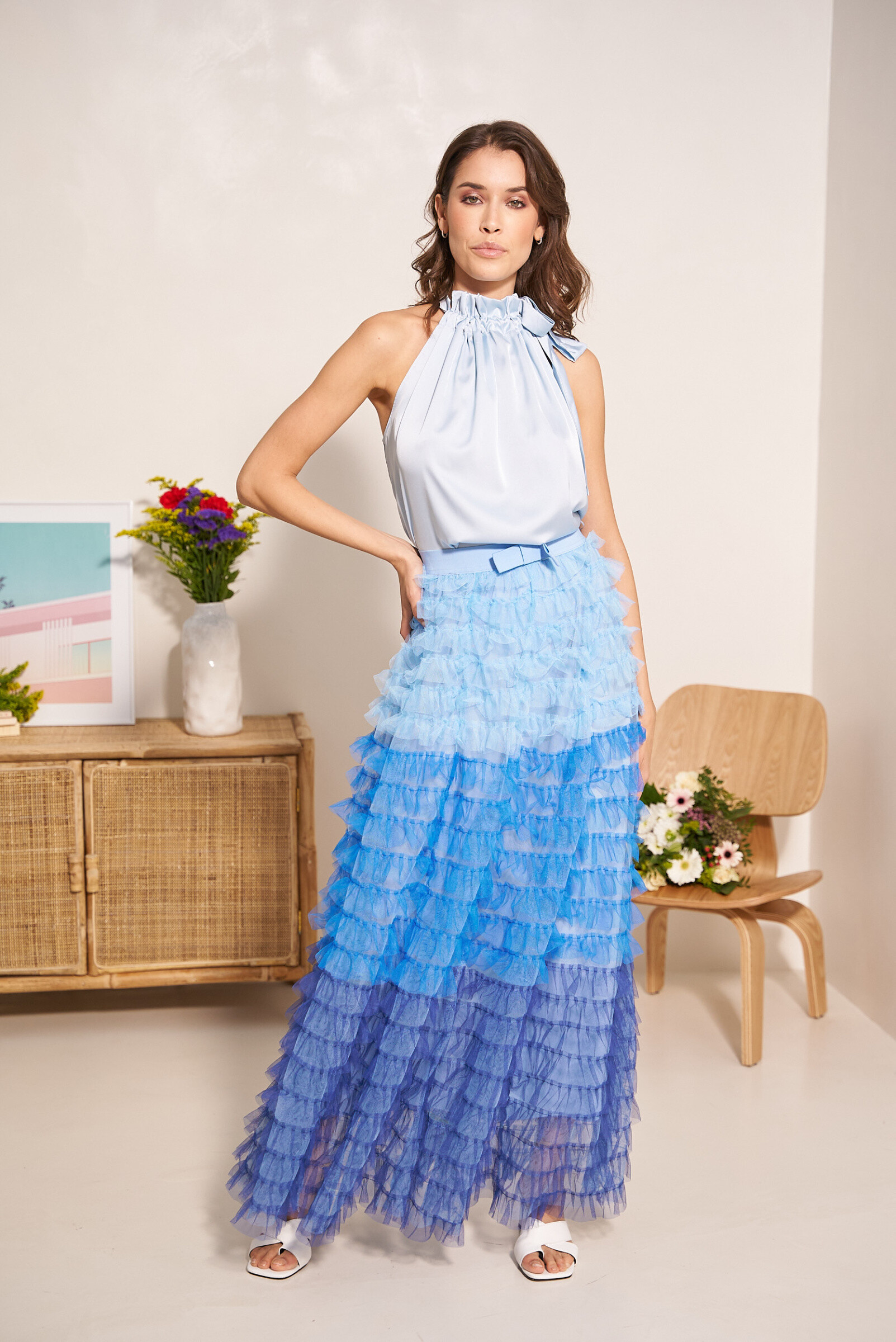 Mayorista Choklate - Falda larga maxi de tul con frunces y volantes