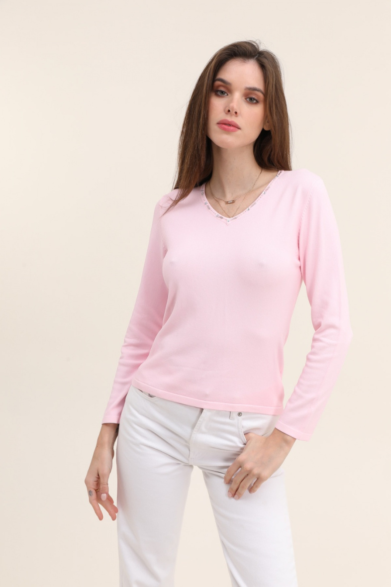 Mayorista Choklate - Punto con escote en pico y detalles de perlas en el cuello