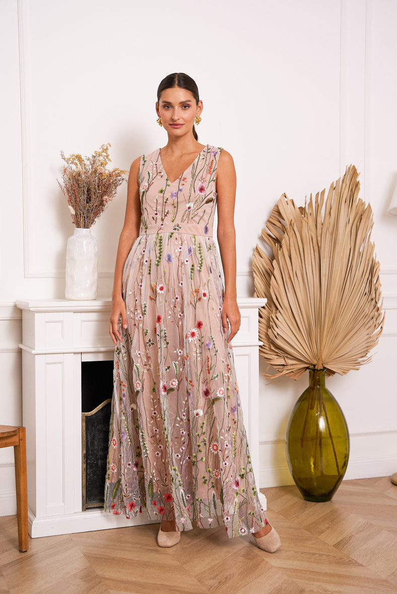 Grossiste Choklate - Robe longue en tulle en broderie fleurie