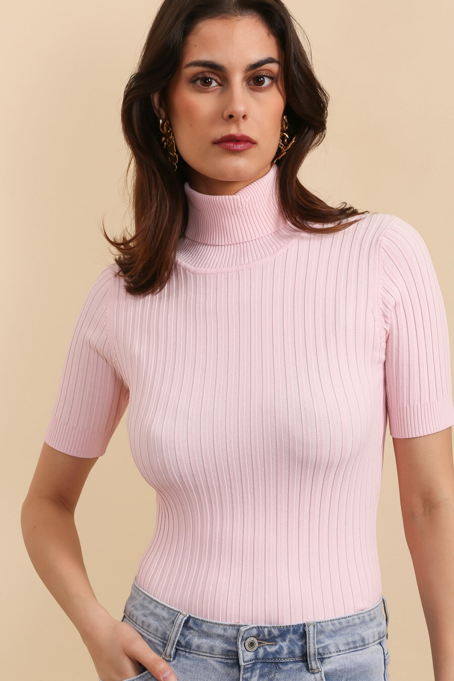 Mayorista Choklate - Top de punto de canalé con cuello vuelto y manga corta