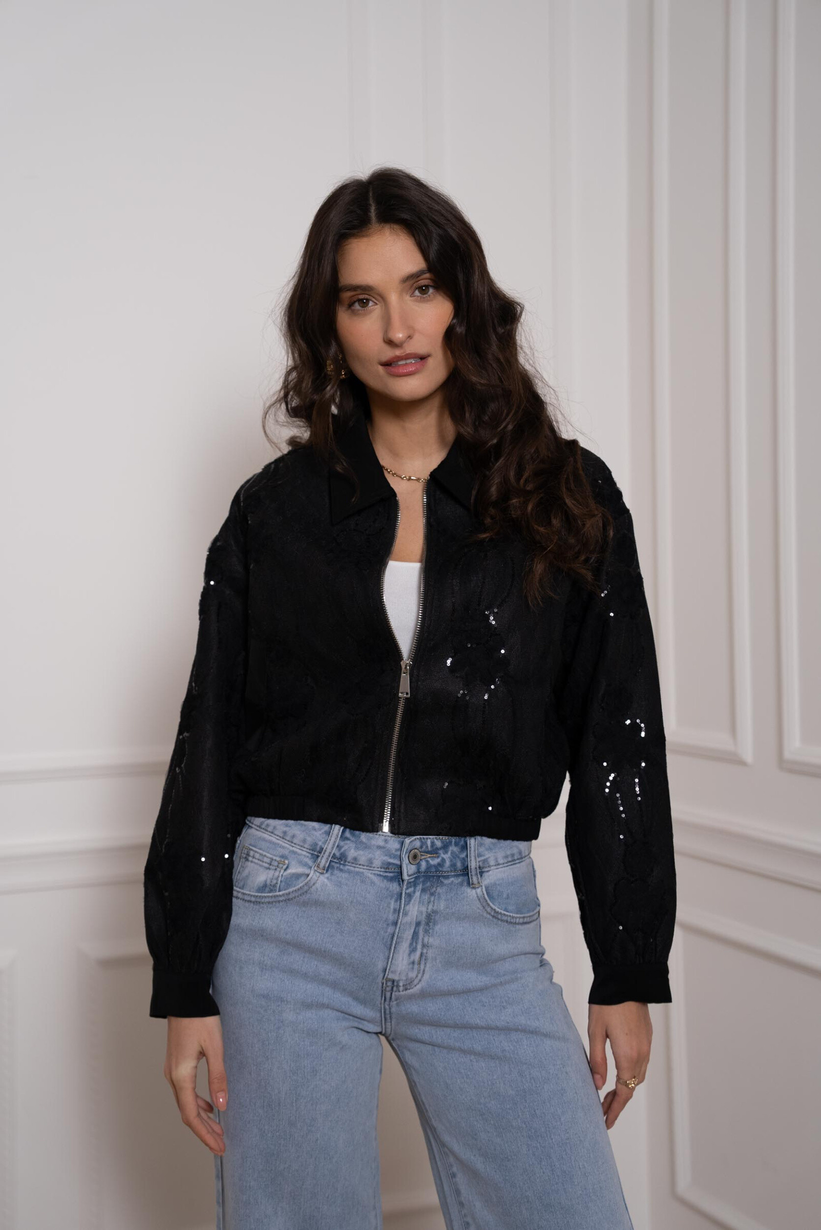 Mayorista Choklate - Chaqueta corta de encaje con lentejuelas y cremallera