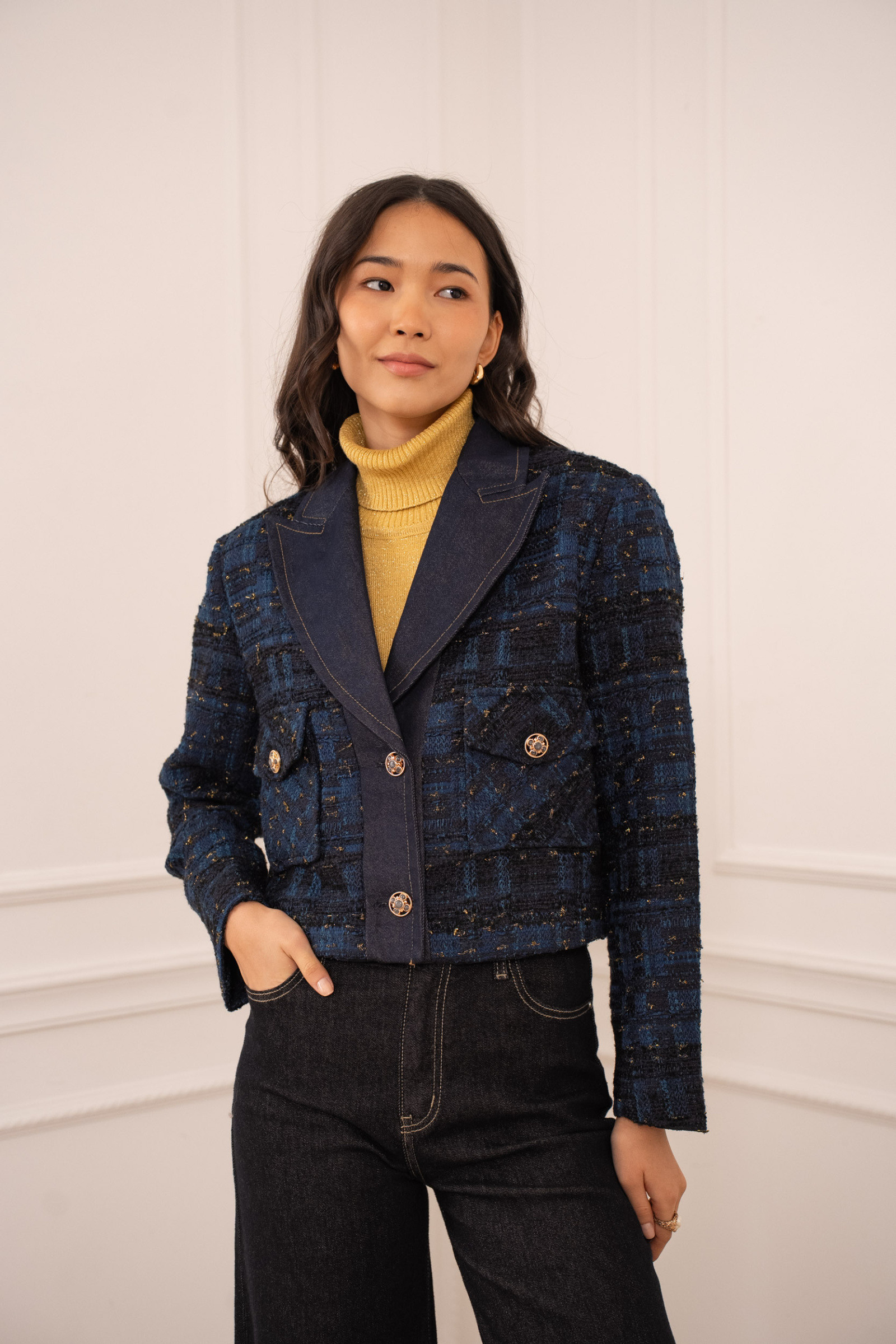 Mayorista Choklate - Chaqueta de tweed y denim con cuello con solapa