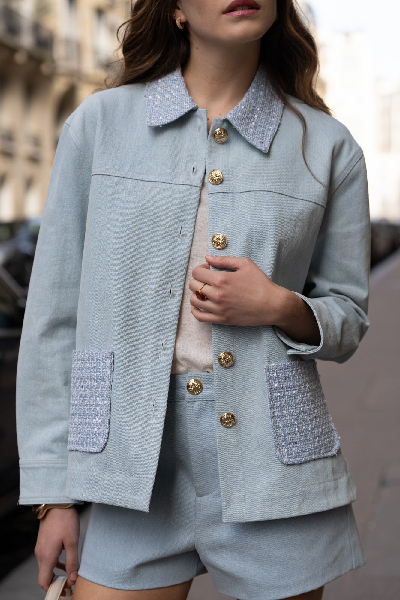 Mayorista Choklate - Chaqueta Thesse de mezclilla con detalles de tweed