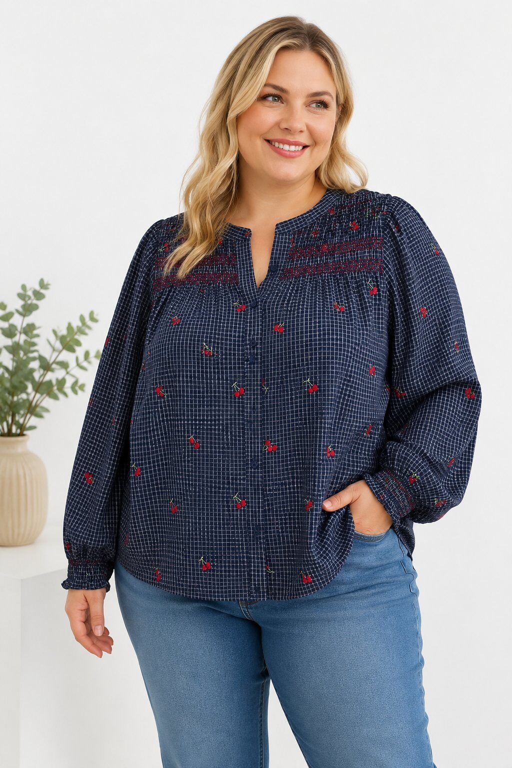 Grossiste Christy - Blouse cherry col mao