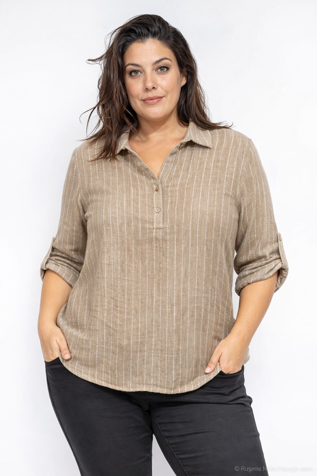 Wholesaler Christy - Shiny Striped Shirt Collar Blouse PLUS SIZE