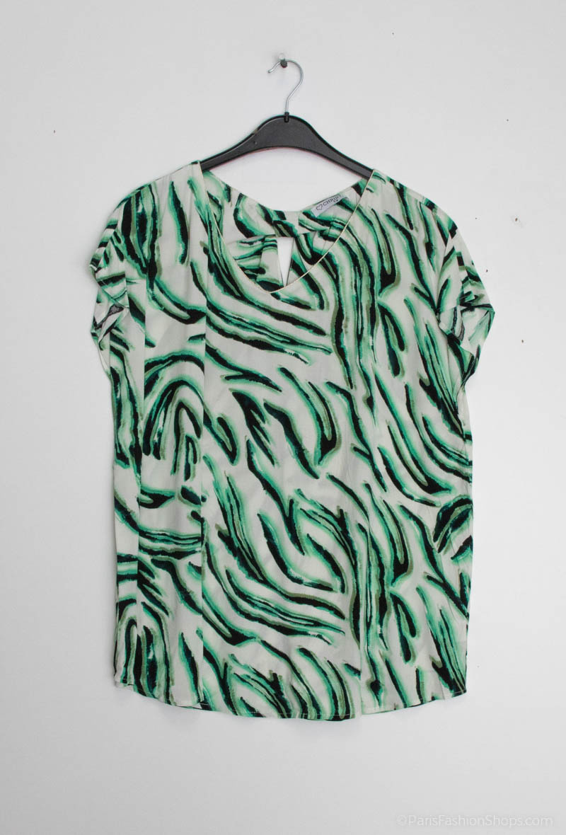 Grossista Christy - Blusa a maniche corte con fiocco, scollo a V, stampa casual