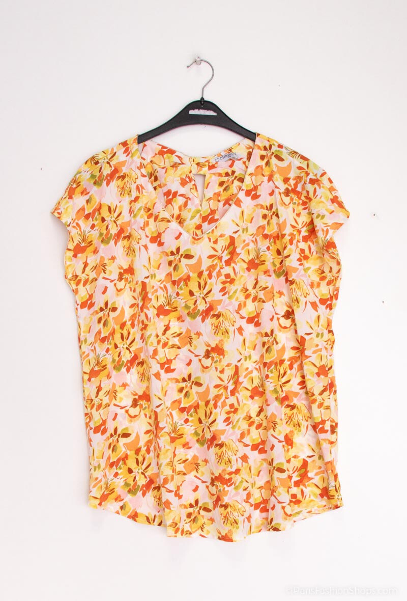 Wholesaler Christy - Short sleeve blouse with bow V-neck Casual Printed