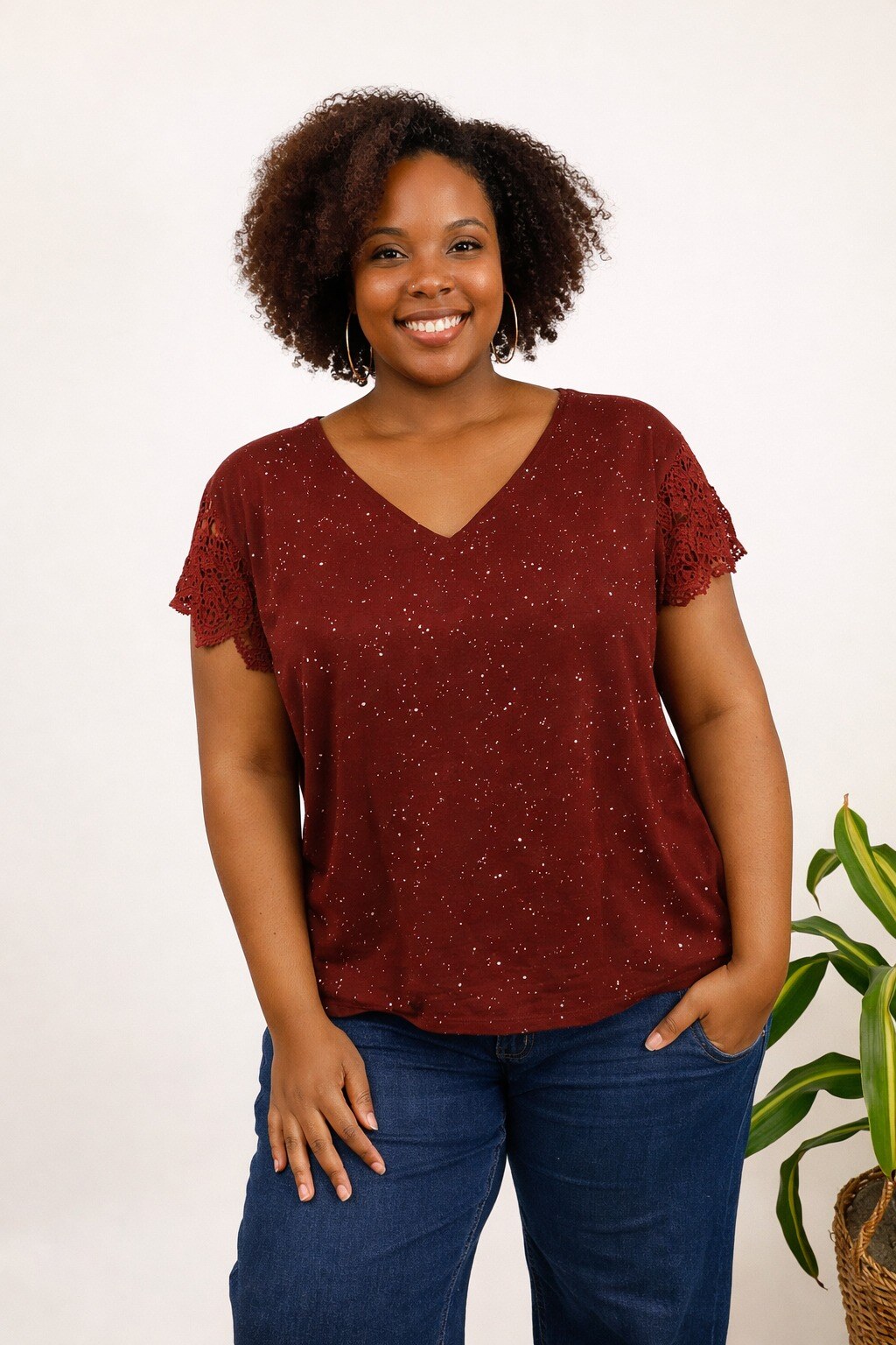 Wholesaler Christy - Short Sleeve Lace Top with Shiny V-Neck Plus Size *Lyocell*