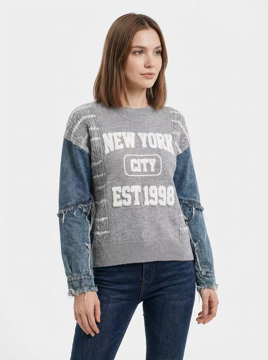 Maglione New York con maniche in denim - Image 1