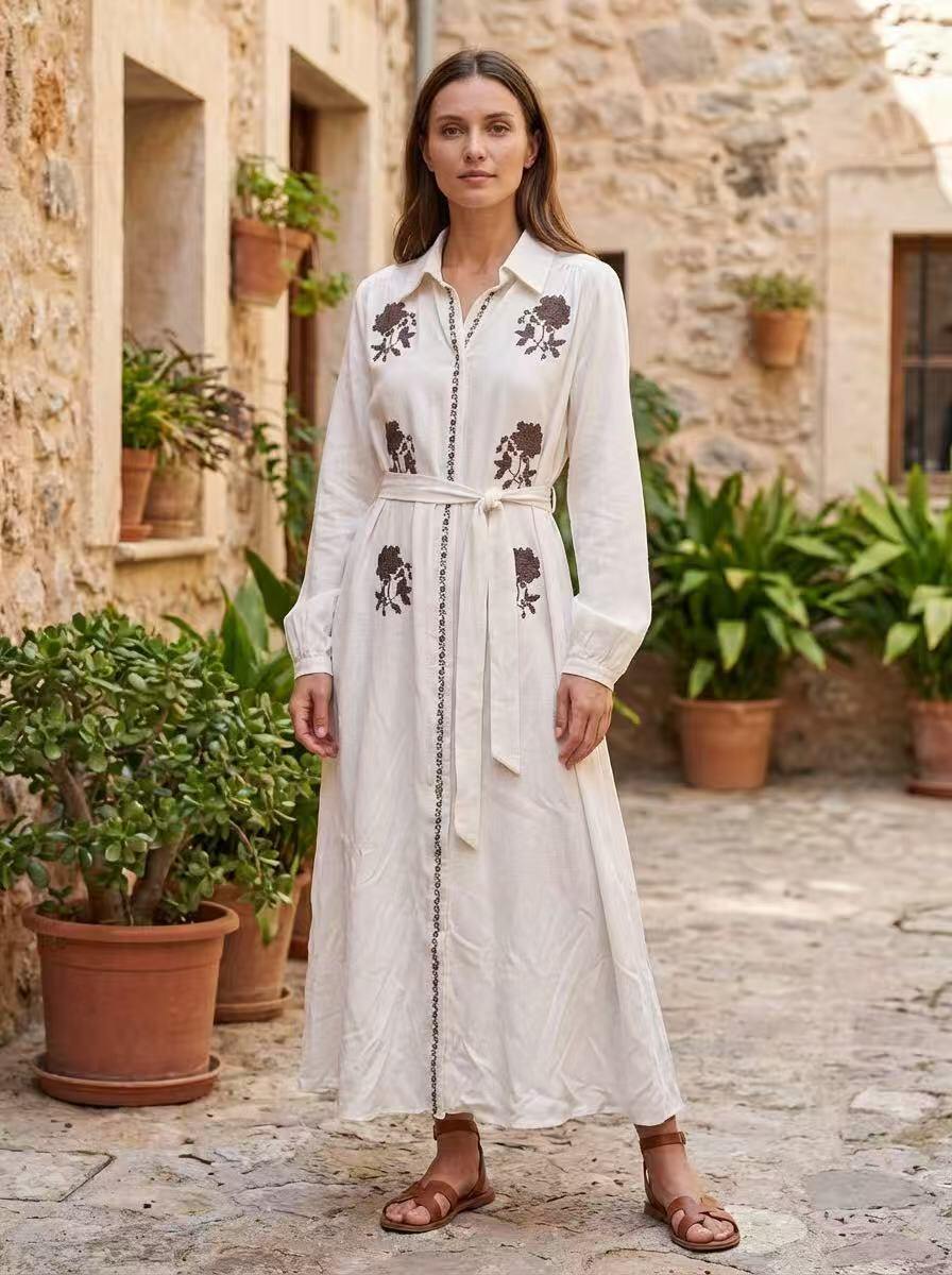 Long Shirt Dress with Floral Embroidery