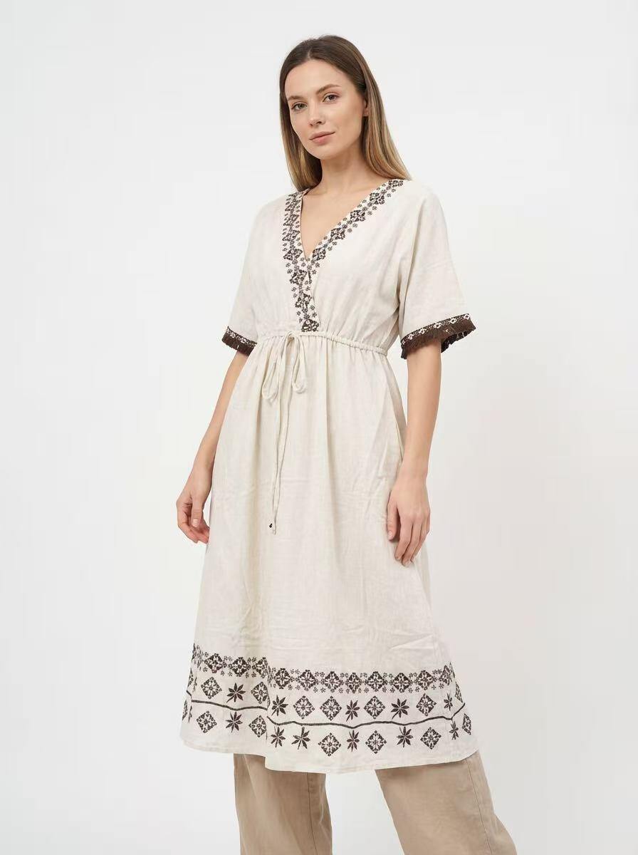 Ethnic Embroidered Linen Midi Dress