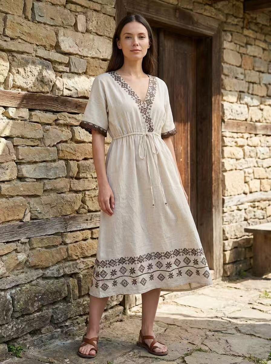 Ethnic Embroidered Linen Midi Dress
