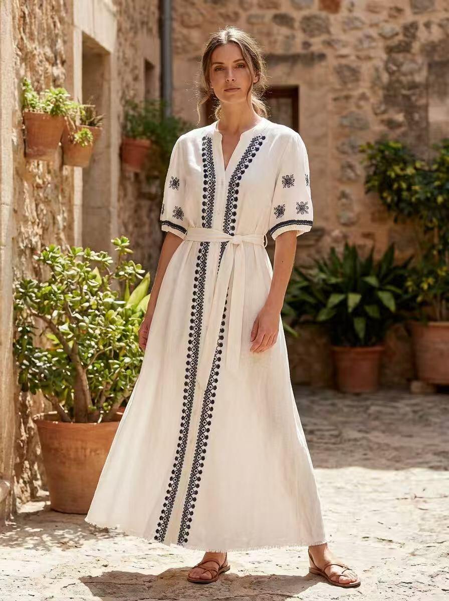 Embroidered Belted Maxi Dress