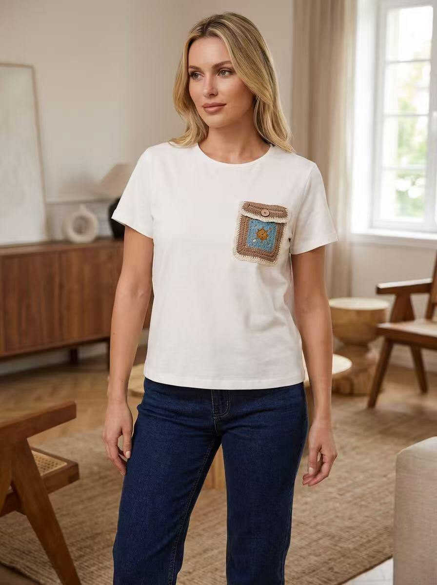 White T-shirt with Crocheted Pocket - Image 1