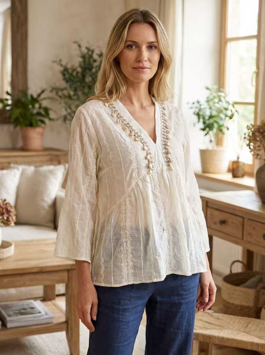 Bohemian Chic Blouse with Shell Embroidery