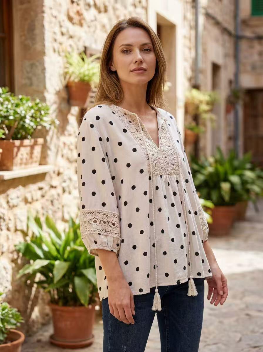 Bohemian Polka Dot and Lace Blouse