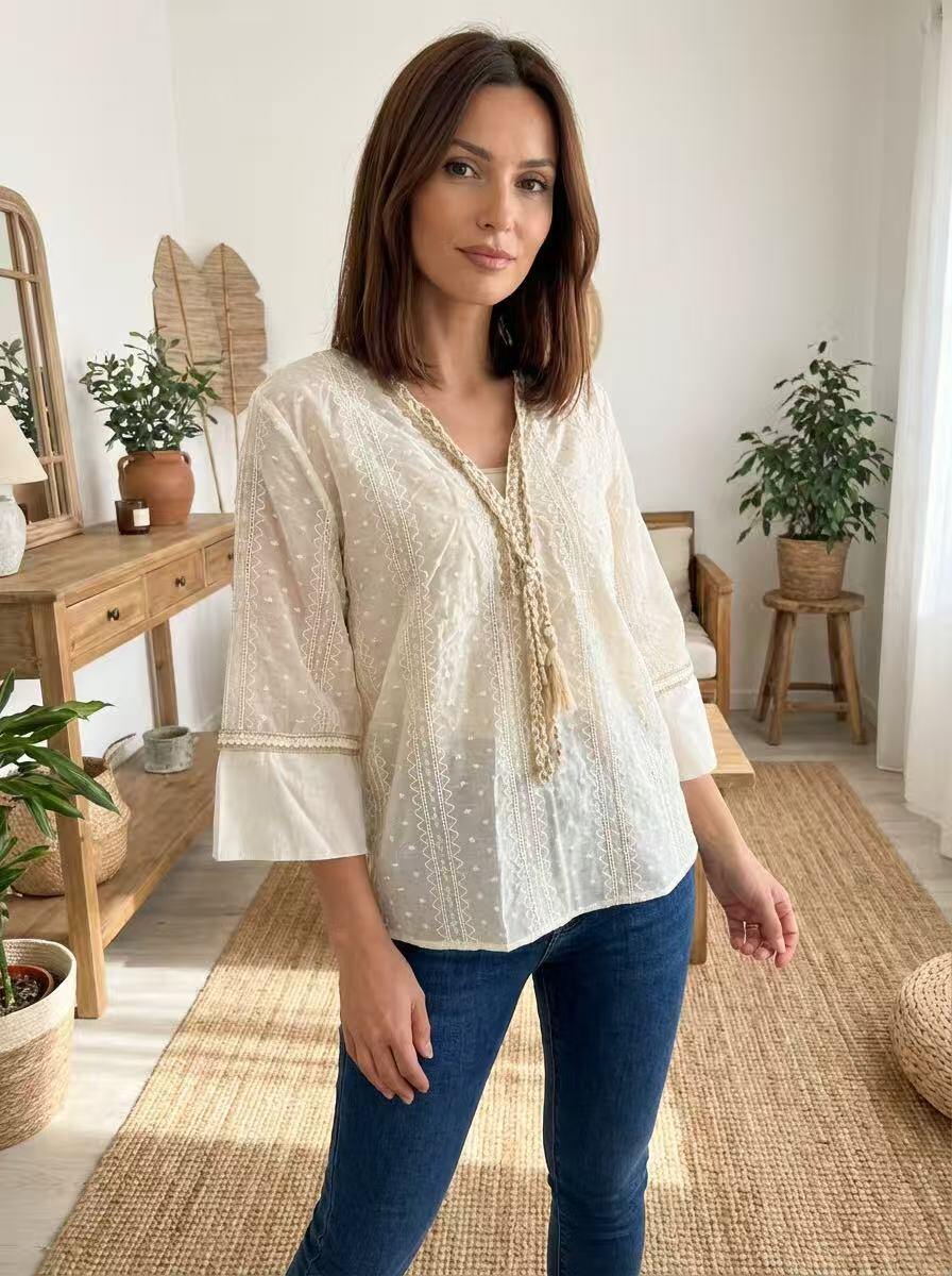 Embroidered Bohemian Blouse with Braided Ties