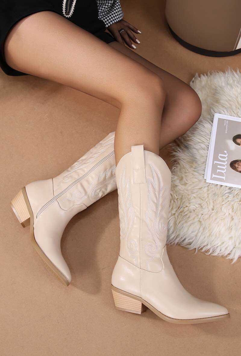 Wholesaler Cink Me - Tapered faux cowboy boots with embroidered patterns and side zip