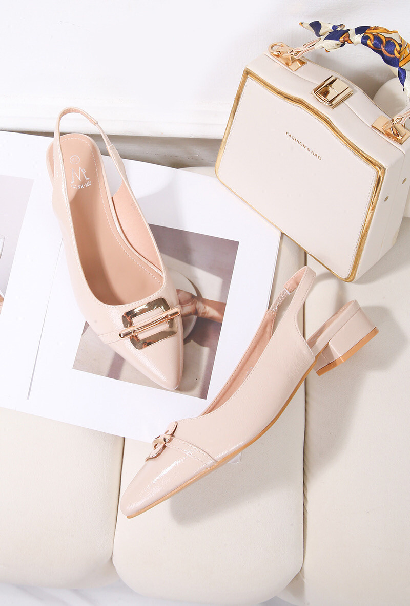 Mayorista Cink Me - Zapatos de tacón slingback de cuero sintético con punta puntiaguda y tacón cuadrado con hebilla dorada