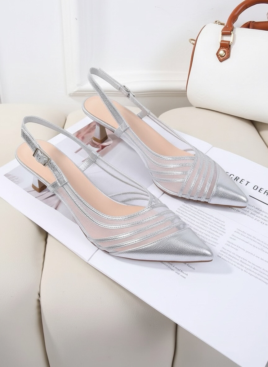 Grossiste Cink Me - Escarpins slingback à bout pointu et petit talon carré en simili et empiècements en résille translucide